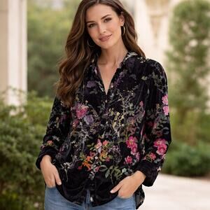 Soft Surroundings SZ 1X Velvet Floral Button Up Top Black Romantic Boho Blouse